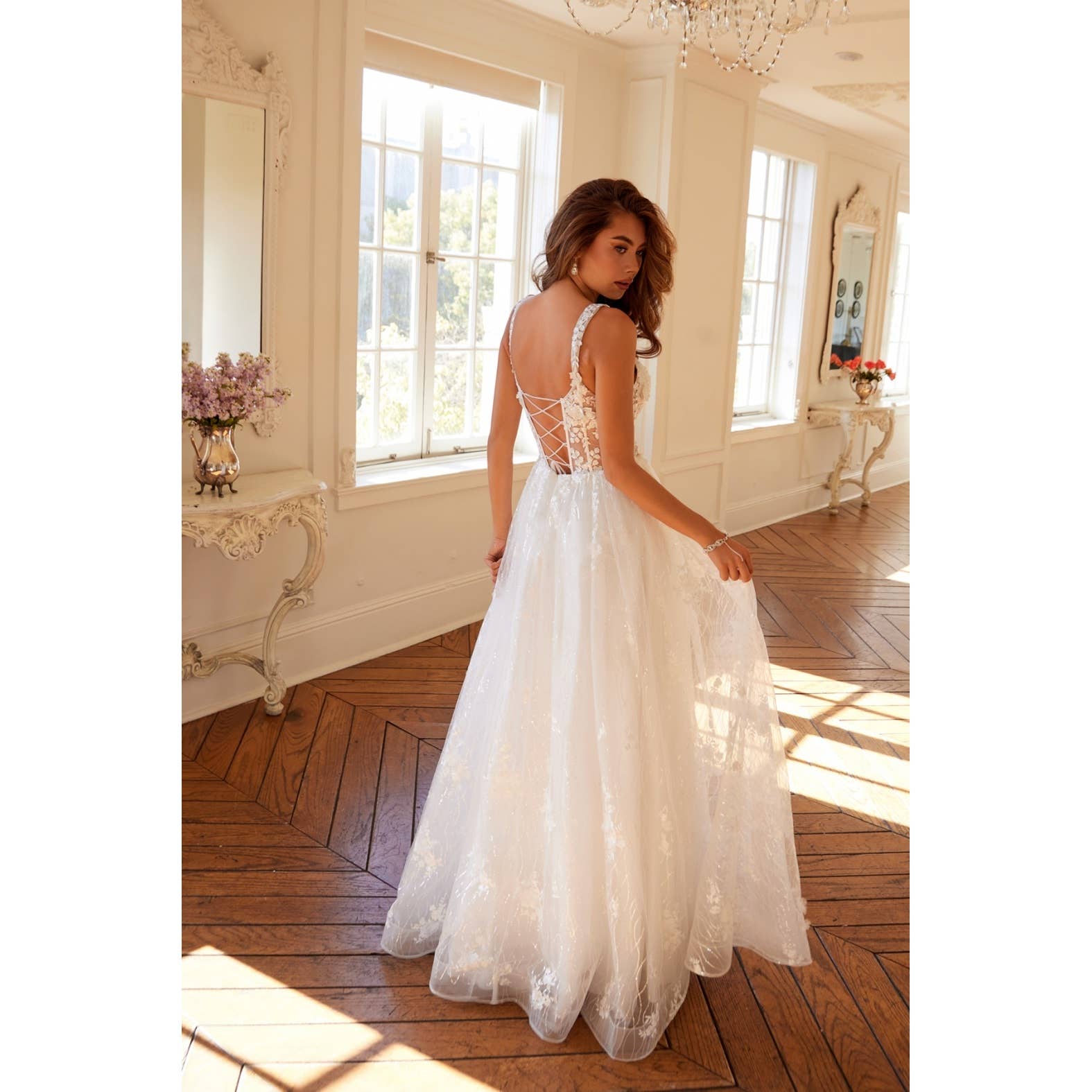 OFF WHITE JT2495AW 3D floral ballgown with sheer corset bodice for wholesale on Faire2