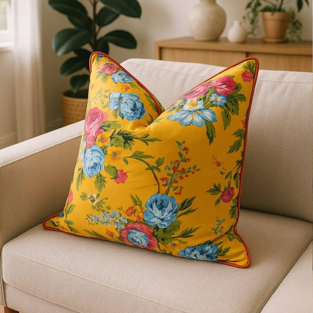 Linen Connections - Vendita all'ingrosso Fodera cuscino decorativo - Cuscino in Cotone Giallo Messicano con Motivo Floreale – Fatto a Mano2