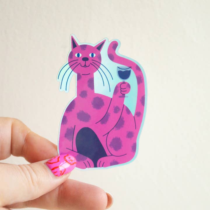 Lauren Morsley – wholesale Sticker – Wine Cat Holographic Sticker2