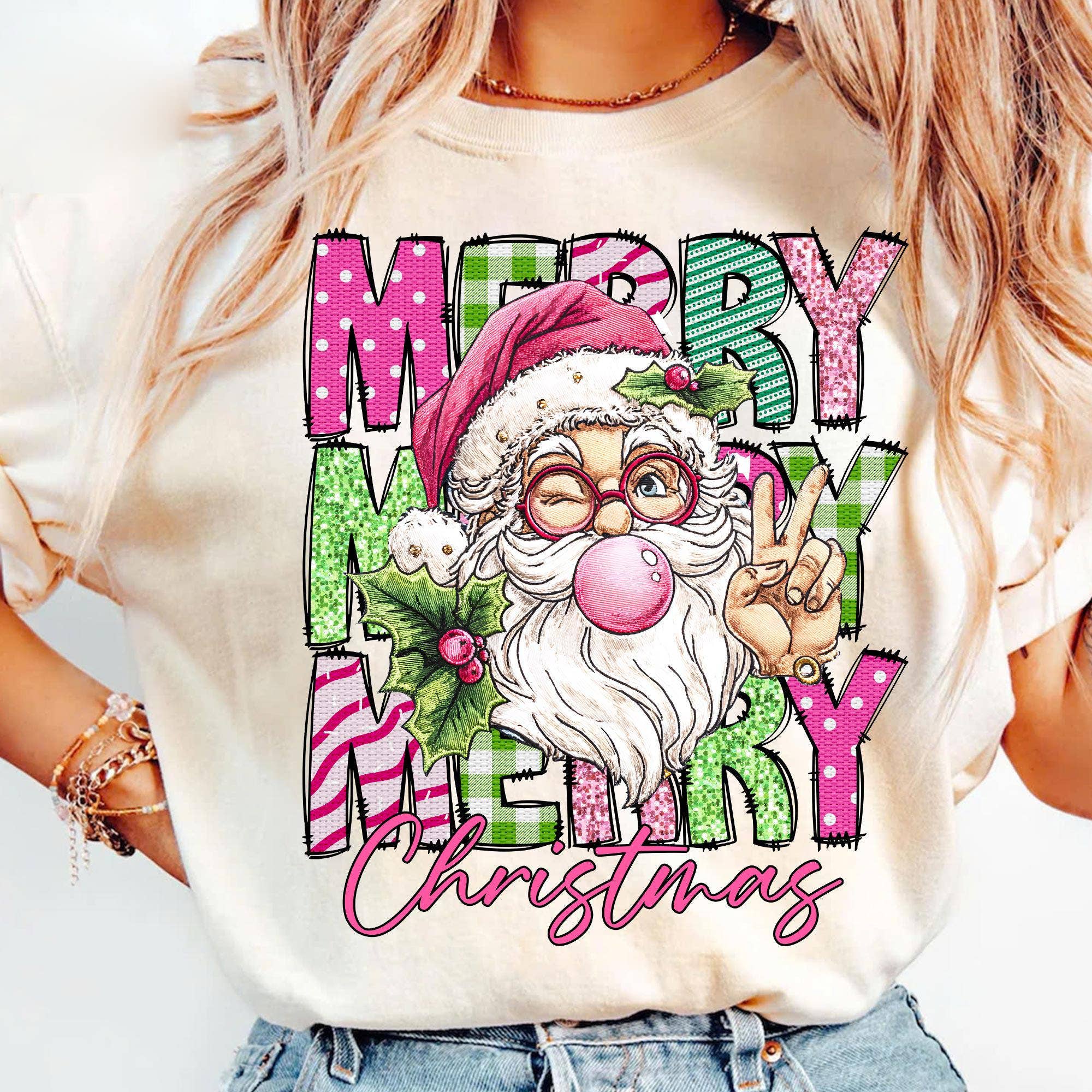 NVC Ecommerce LLC - Wholesale T-Shirt (Graphic) - Women's - Retro Patchwork Santa Claus Shirt, Merry Christmas Sweater0