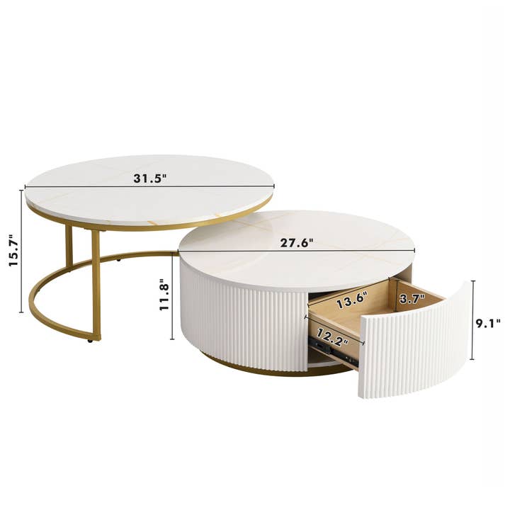 39F Inc. - Wholesale Coffee Table - 31.5" Modern Round Nesting Coffee Table - White & Gold7
