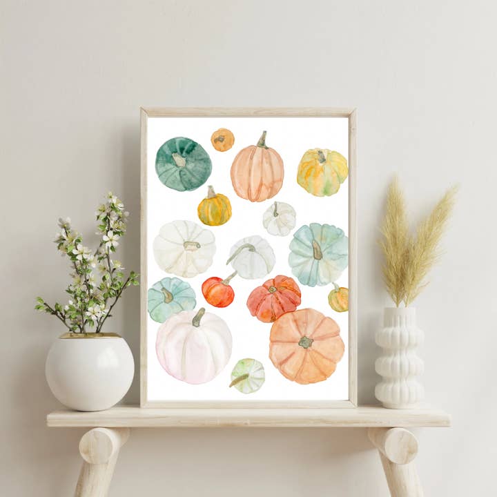 Autumn Watercolor Pumpkin Print – Fall Wall Art in 5x7, 8x10 for wholesale by Kubytovych Studio