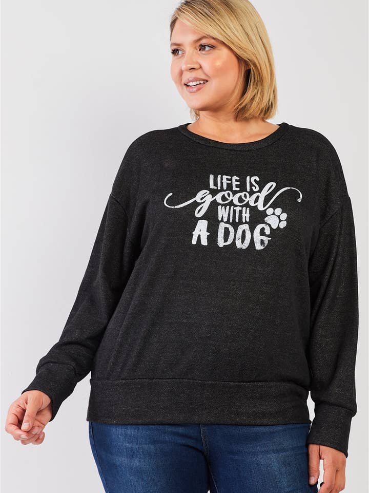 Plus svart ljus väv grafisk tryck detalj Långärmad topp för wholesale av Fashion Quality Boutik