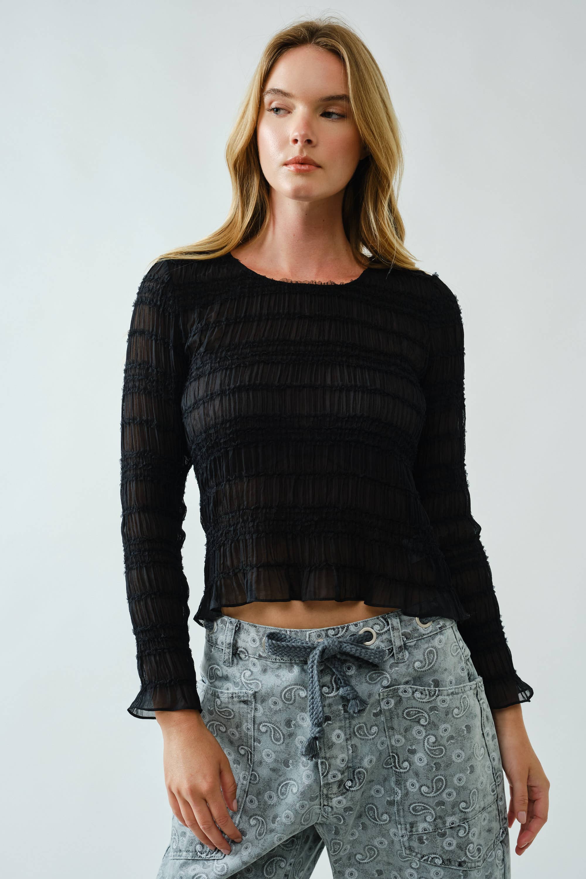 Aaron & Amber - Wholesale Knit Top - Women's - AJT5432 LACE DETAIL SHEER SMOCKING TOP4