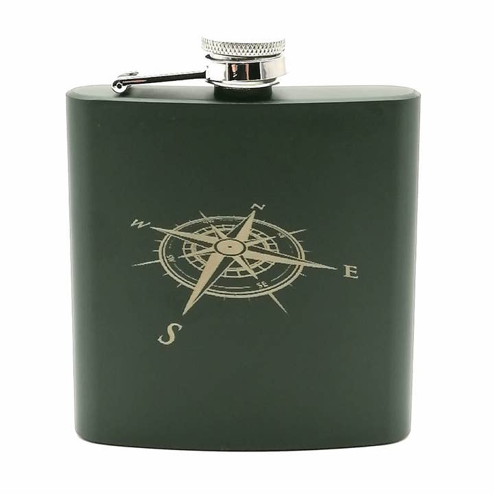 Flasque en acier inoxydable, vert avec motif boussole pour la vente par COWstyle