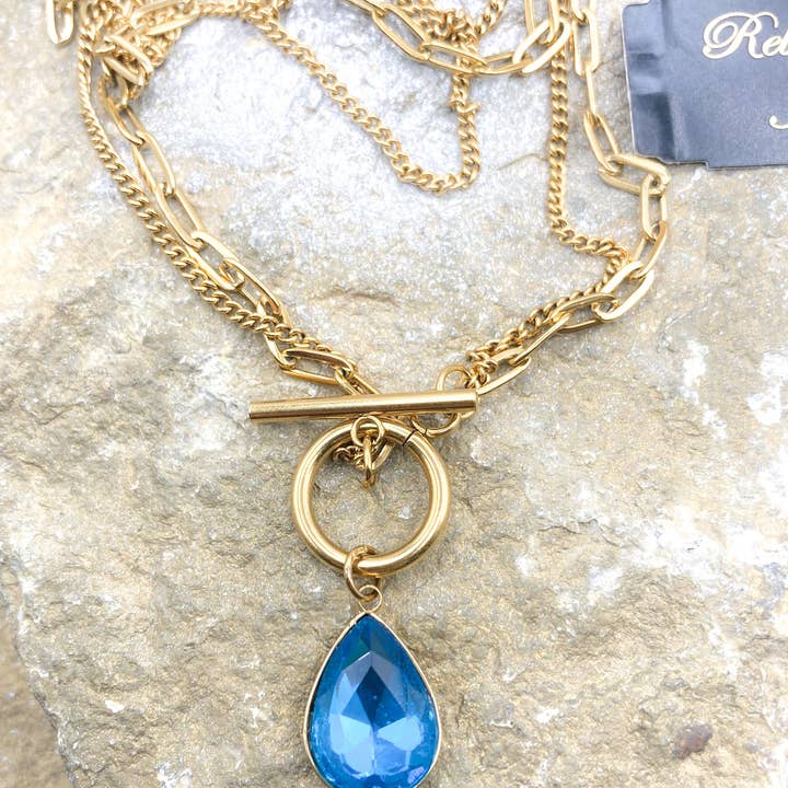 Rebecca Ray Jewelry - Wholesale Pendant/Charm Necklace - Gold Double Strand Toggle Necklace with Crystal Teardrop3