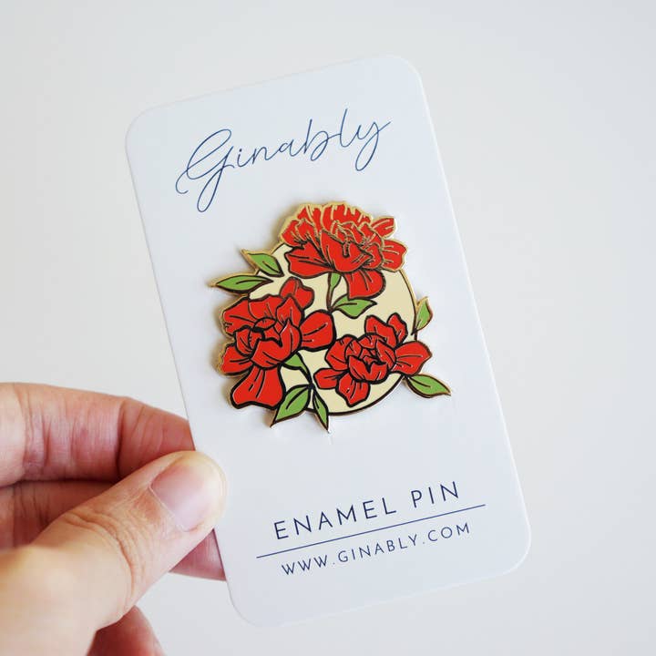 Red Floral Badge Gold Plated Enamel Pin for wholesale by Ginably