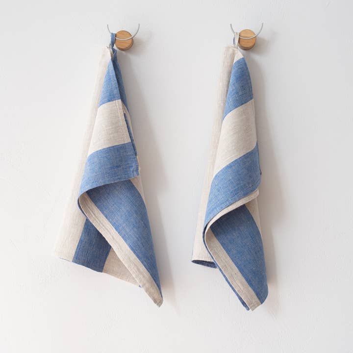 Set of 2 Linen Hand or Tea Towels Blue Natural Venice for wholesale by LinenMe