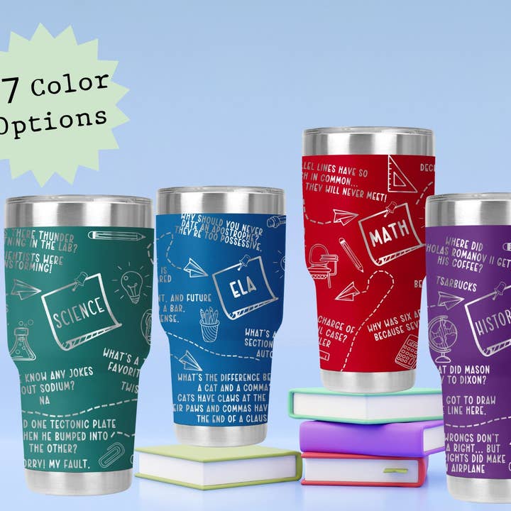 Lustiger Becher für Lehrer, 30 Unzen, ELA, Wissenschaft, Geschichte, Mathe-Wortspiele, personalisiertes Geschenk für Lehrer. In vielen Farben erhältlich für den Großhandel von SoCal Creative