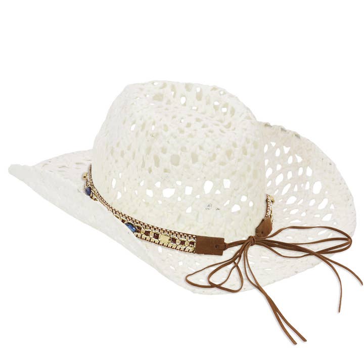 Cap Zone – wholesale Cowboy Hat – Women’s – Gemstone Band Coastal Crochet Fishnet Cowboy Hat6