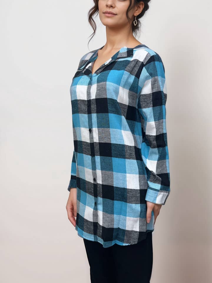 Chemise à carreaux en flanelle avec boutons - Bleu sarcelle et noir pour la vente par Casual & Co.
