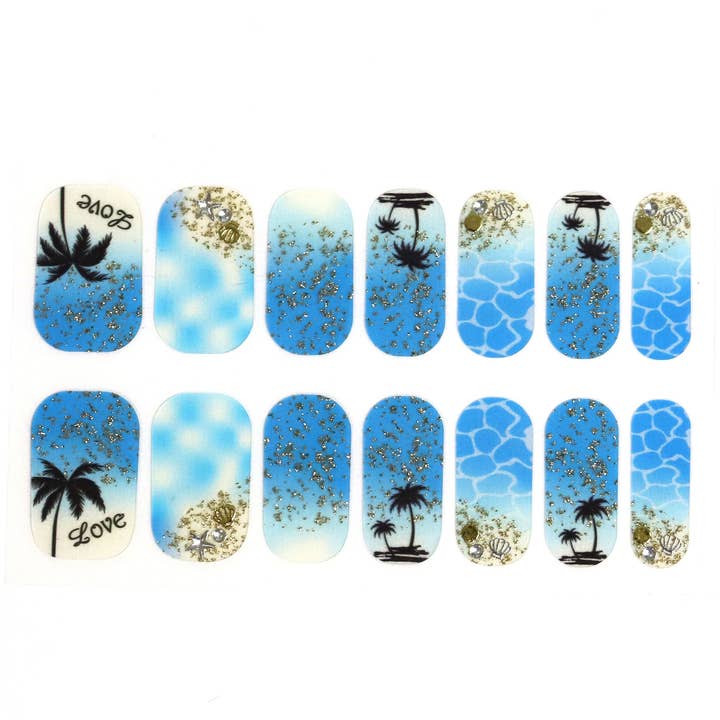 ClebleNails - Vendita all'ingrosso Nail art/decalcomania unghie - Impacchi per unghie Tropical Blue Beach/Strisce di smalto 3D Ocean Ombre trasparenti/Adesivi glitter dorati/Impacchi per unghie estivi da donna1