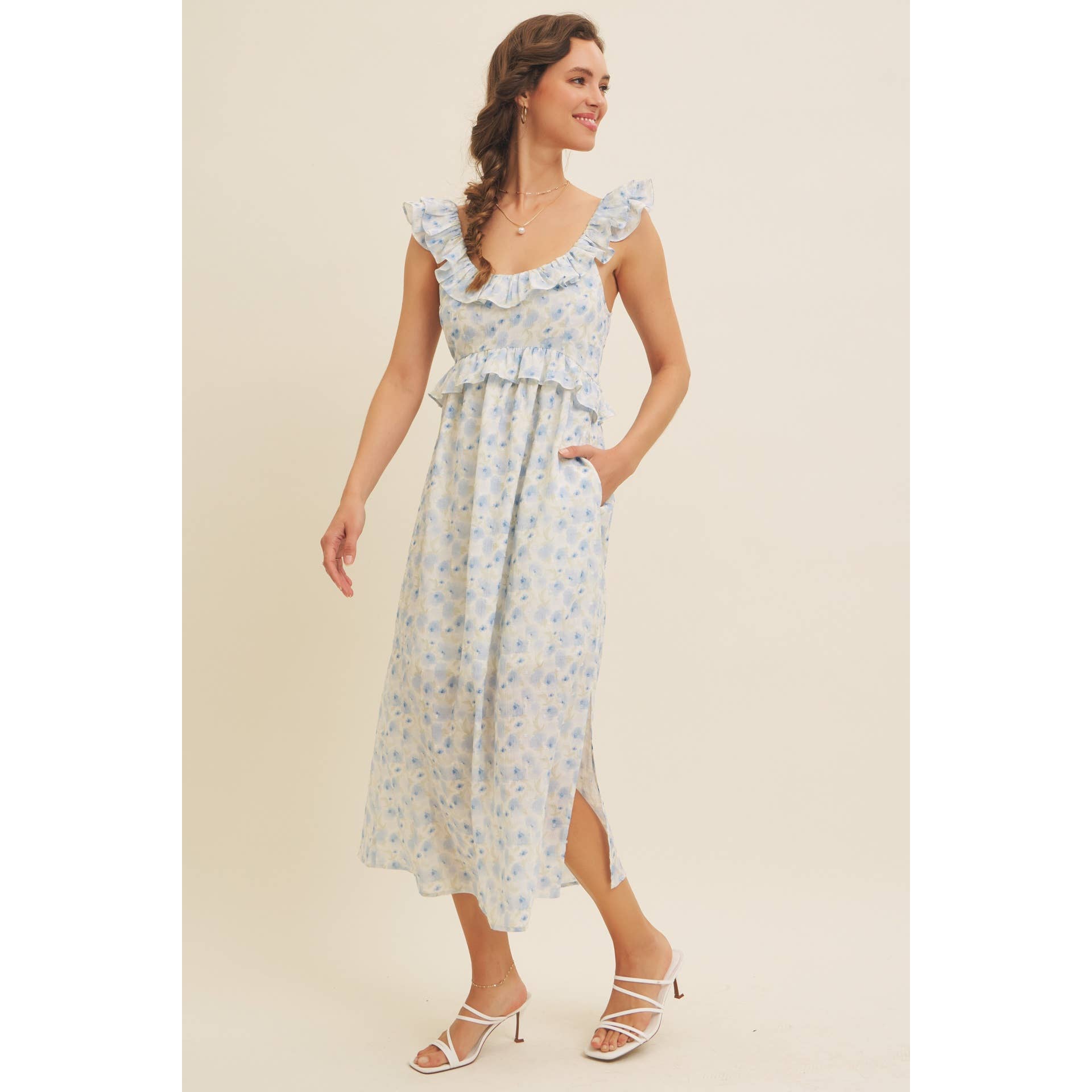 in february – Großhandel Kleid – Damen – ROMANTISCHES FLORALES MIDI-KLEID MIT SCHLITZ, RÜSCHEN UND RÜCKENBINDUNG21