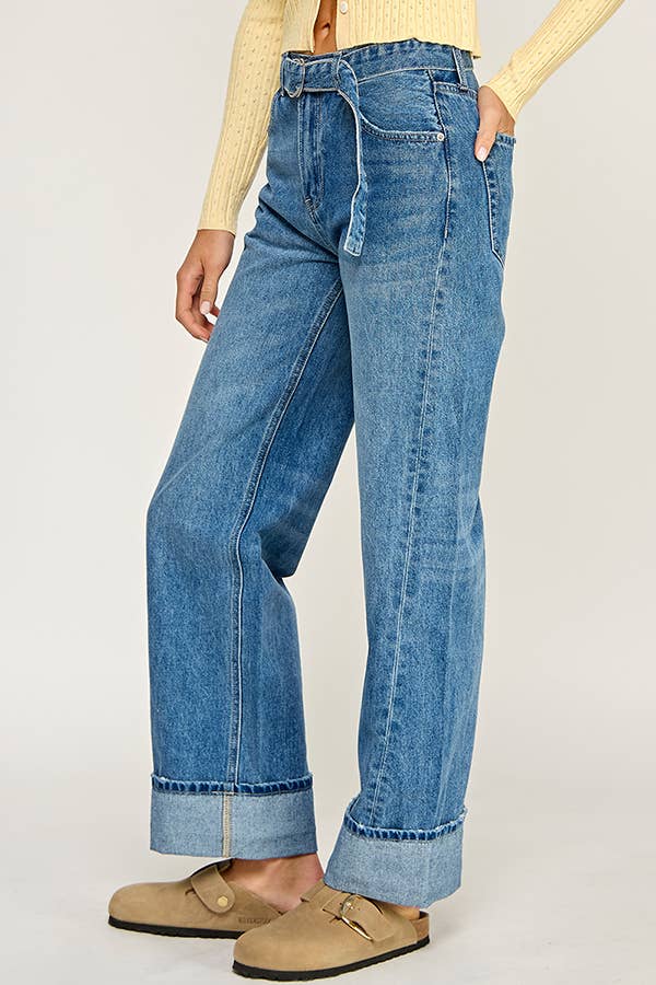 Denim Blue BELTED CUFFED WIDE LEG JEANS for wholesale on Faire5