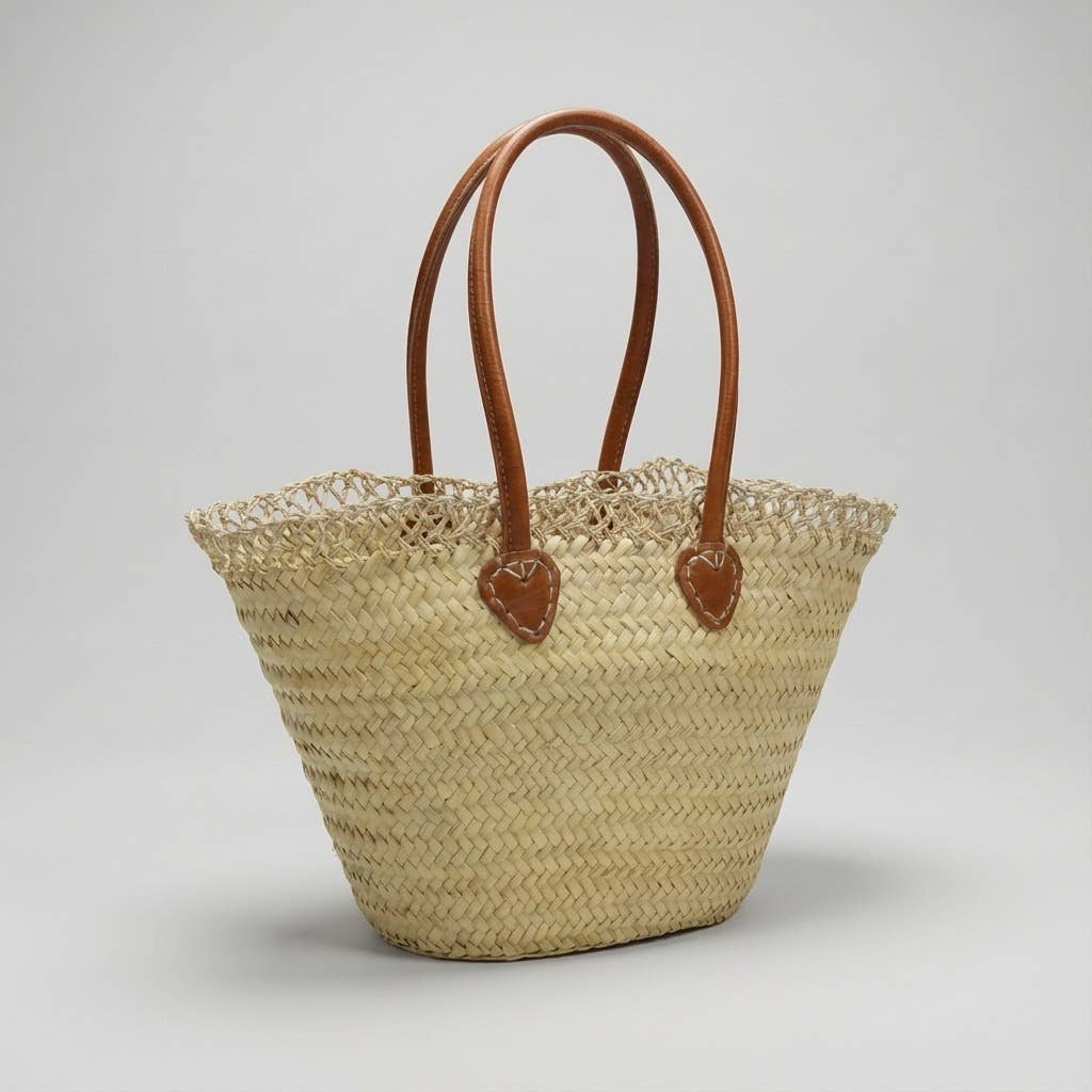Melecraft - Vente Tote bag – femme - Panier de marché français en paille avec poignées en cuir0