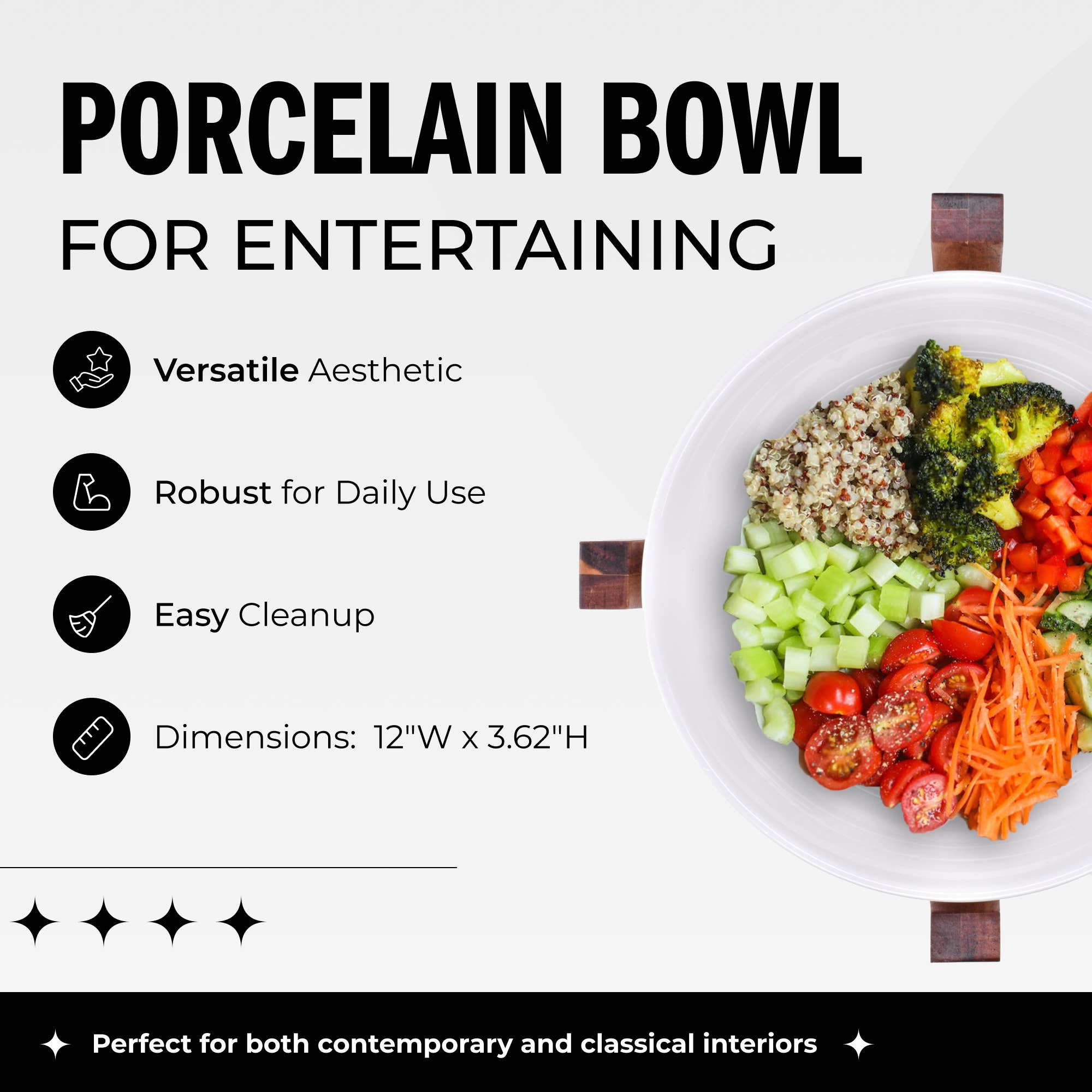 DUKA - Wholesale Serve Bowl - 101 oz White Porcelain Salad Bowl with Wood Base4