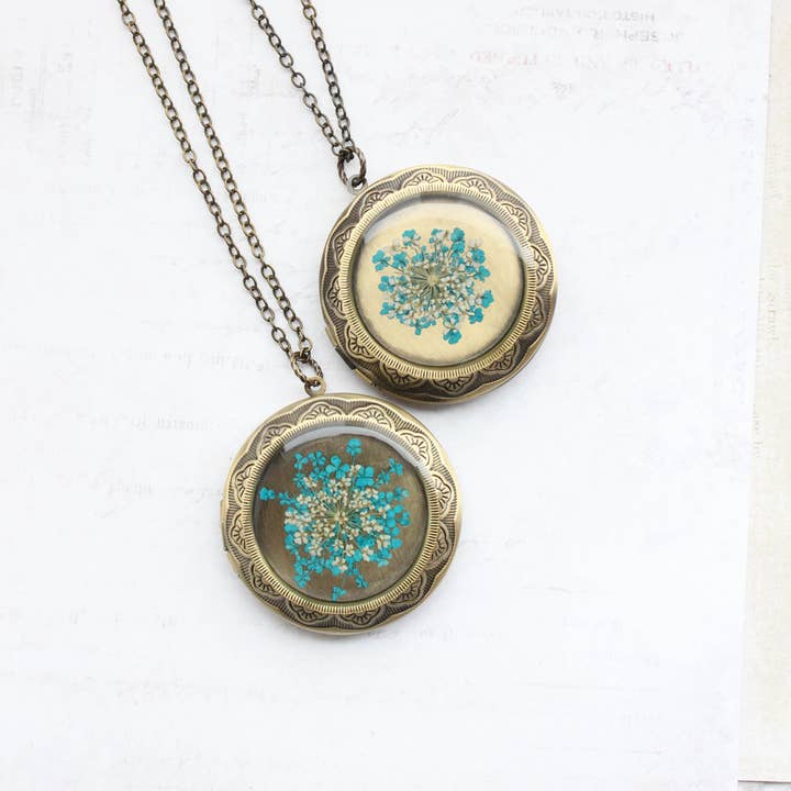 A Pocket of Posies - Wholesale Locket Necklace - Queen Annes Lace Floral Locket Necklace - Teal/Ivory4