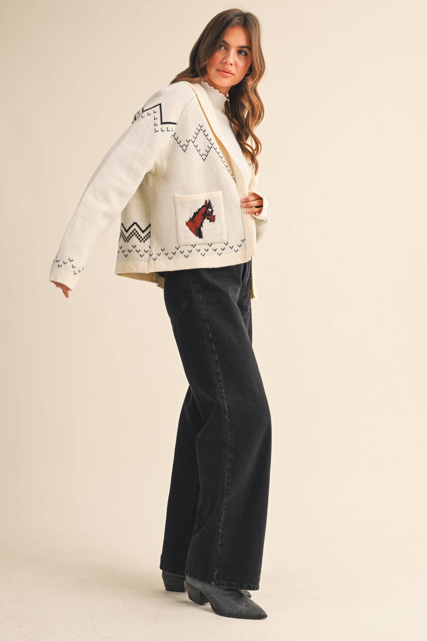 &MERCI - Wholesale Cardigan - Women's - HORSE KNIT SWEATER CARDIGAN MSW1080740