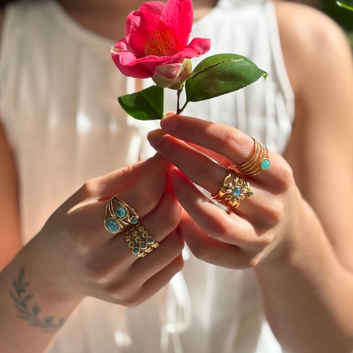 Ocean Ripples – Engroshandel Statementring – Justerbar ring med flere bånd i 18 kt forgyldt turkis5