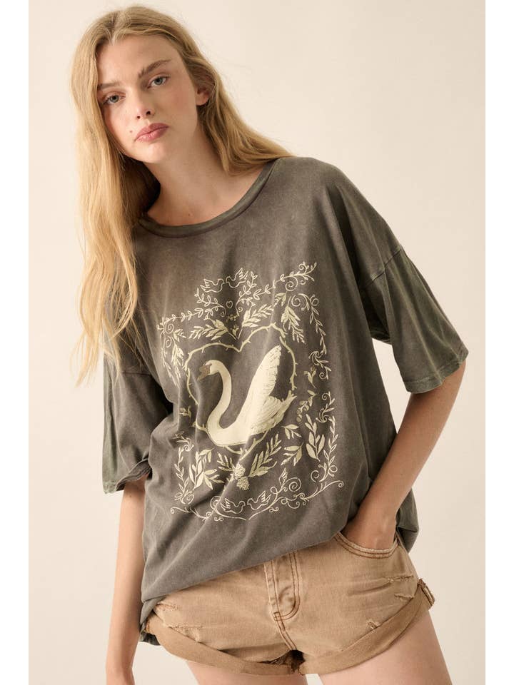 Promesa USA - Wholesale Screen Printed T-Shirt - Women's - Ornate Swan Vintage-Wash Oversize Graphic Tee