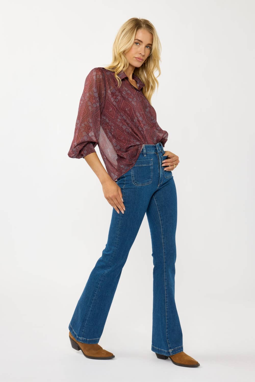 WINE ROSE Diamond Floral Sheer Blouse for wholesale on Faire5