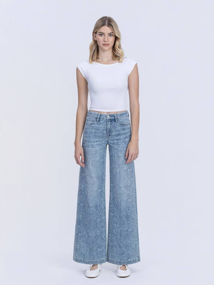 JEAN LARGE À IMPRIMÉ FLORAL LÉGER MOYEN TAILLE HAUTE T7335FPR pour la vente par VERVET by FLYING MONKEY