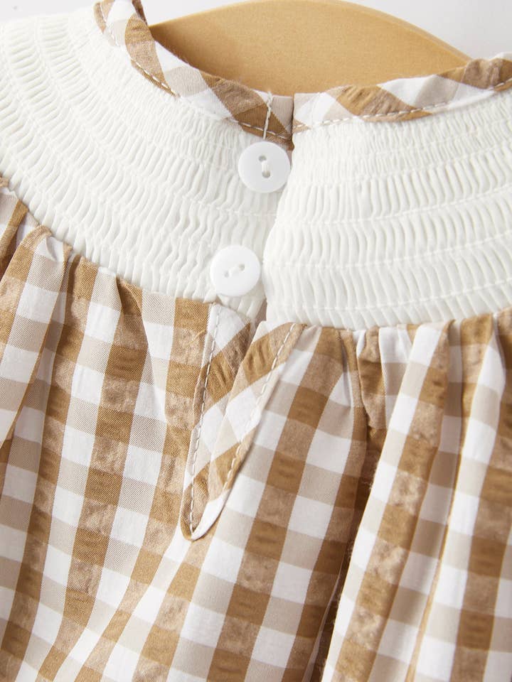 Rylee Faith Designs - Wholesale Bodysuit (Non-Footed) - Baby - Girls Thanksgiving Smocking Embroidered Brown Plaid Romper