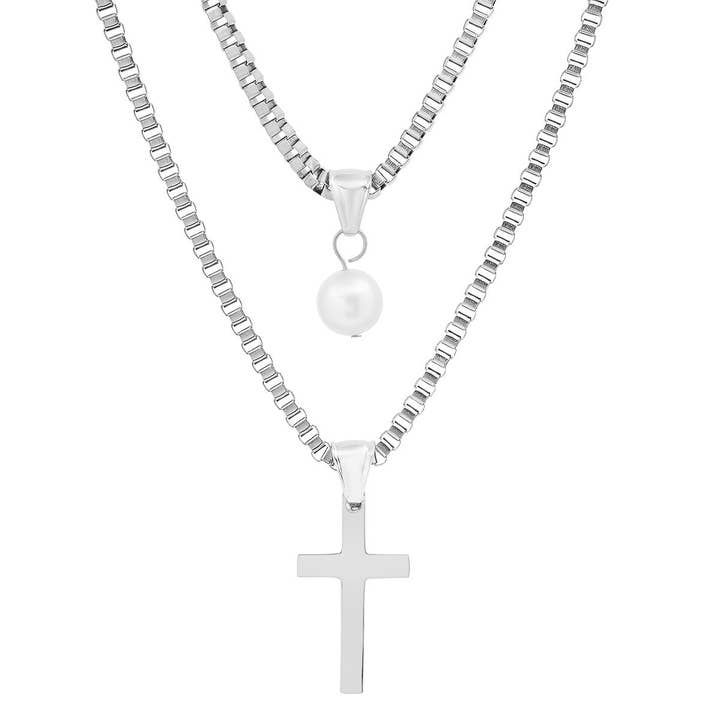 Collana con doppio pendente perla+croce per la vendita all'ingrosso da parte di Steeltime NYC