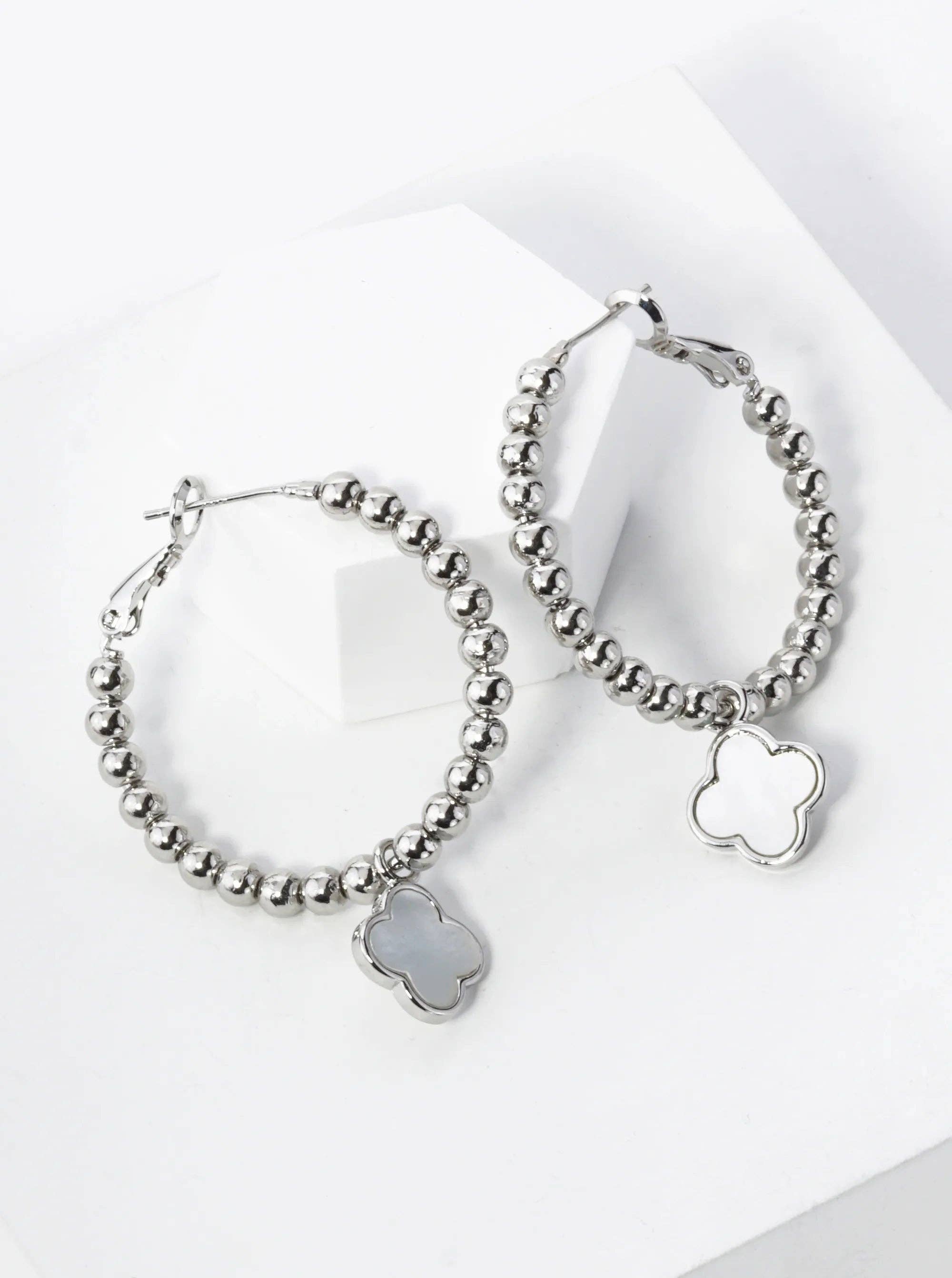 Wild Honey - Wholesale Hoop Earrings - 18K Gold Dipped Quatrefoil Drop Beaded Hoop Earrings5