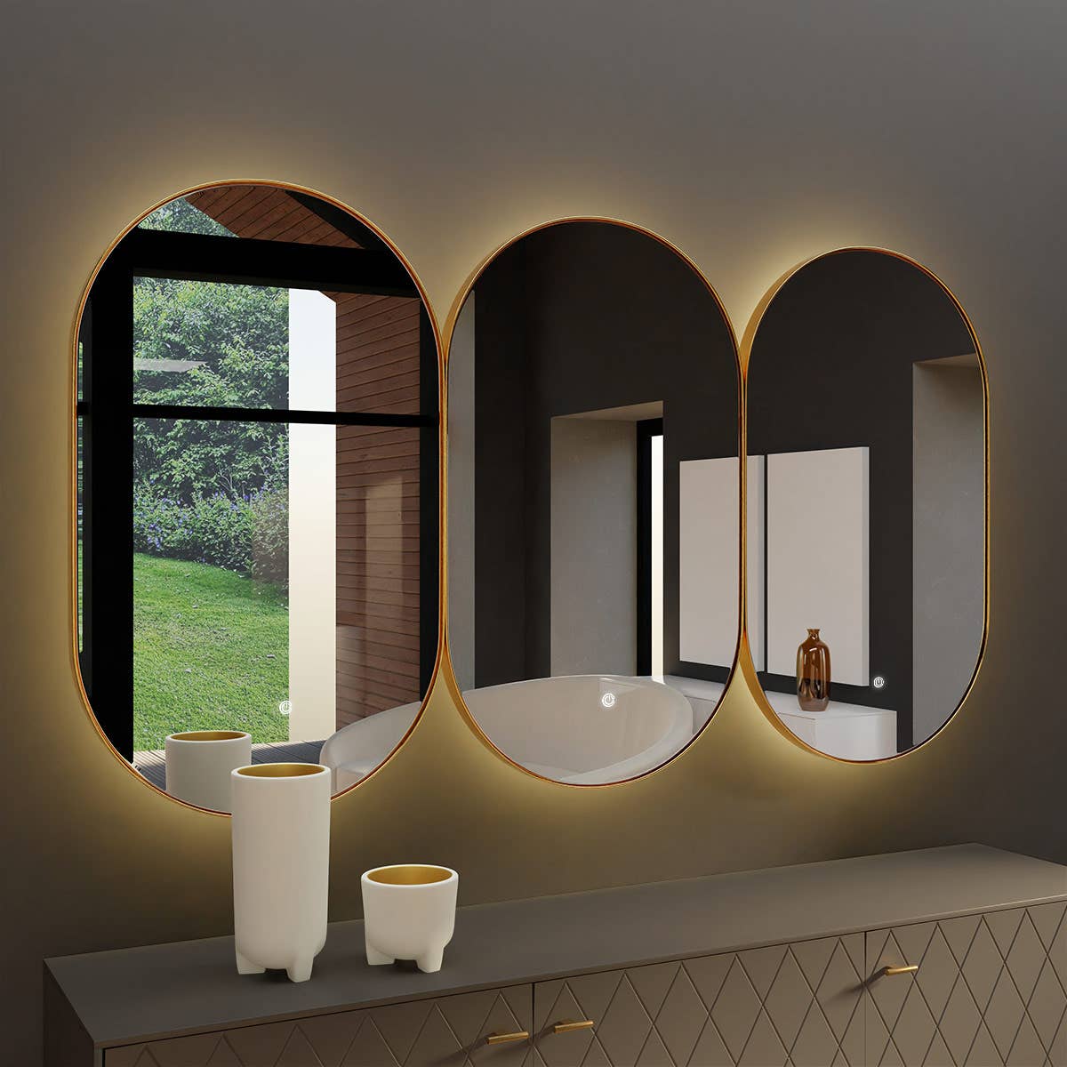Gdeco - Wholesale Muurspiegel - Ovale gouden spiegel met LED-licht en drukknop 100 x 60 cm1