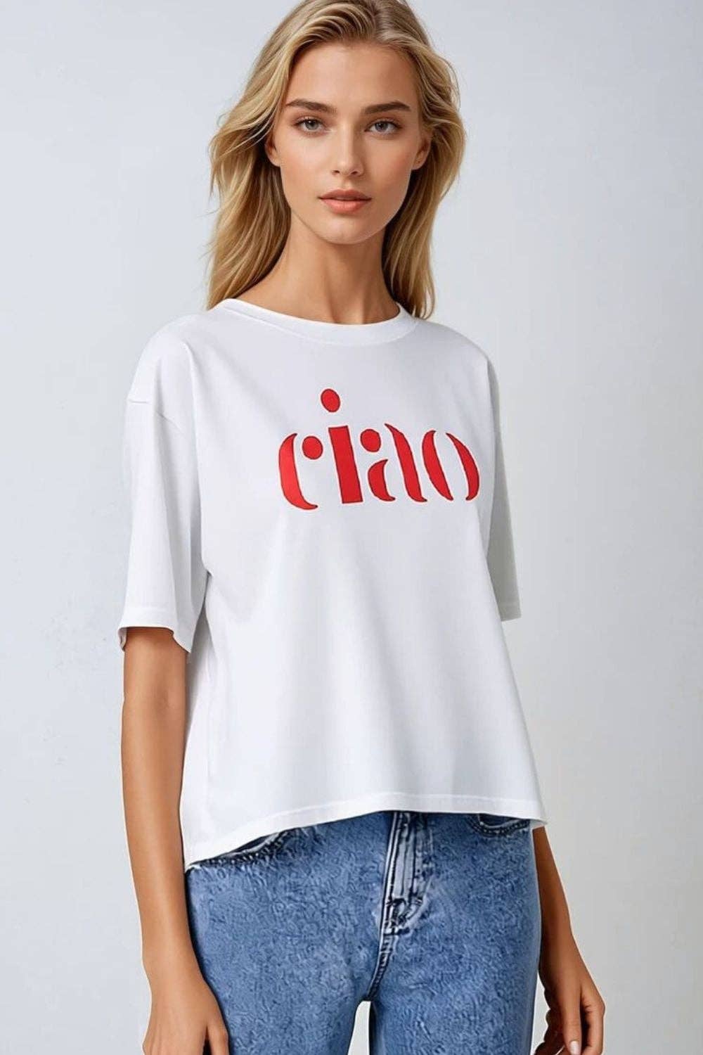 WHITE Cotton t-shirt made in Italy with Ciao logo in red for wholesale on Faire1