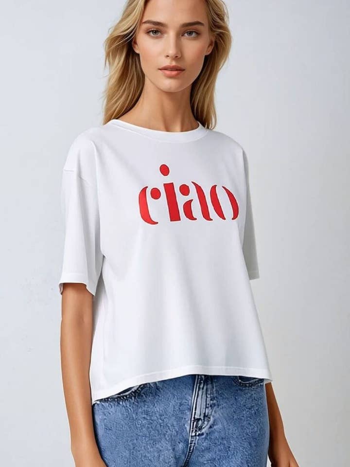 WHITE Cotton t-shirt made in Italy with Ciao logo in red for wholesale on Faire1