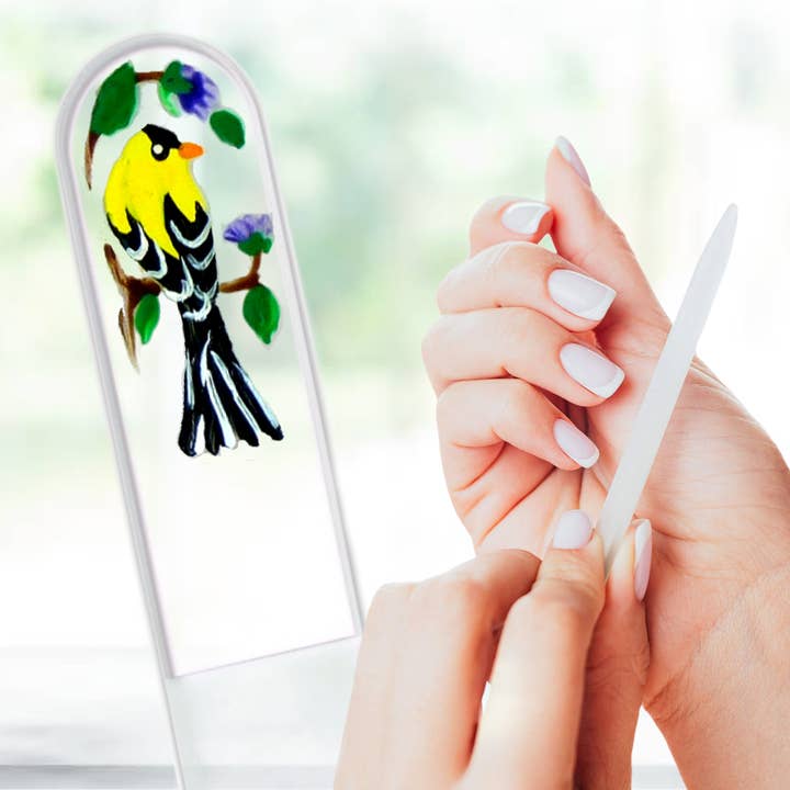 Classy Nail Files - Vendita all'ingrosso Lime per unghie - Lima per unghie in cristallo dipinta a mano regalo per amanti degli uccelli fringuello giallo