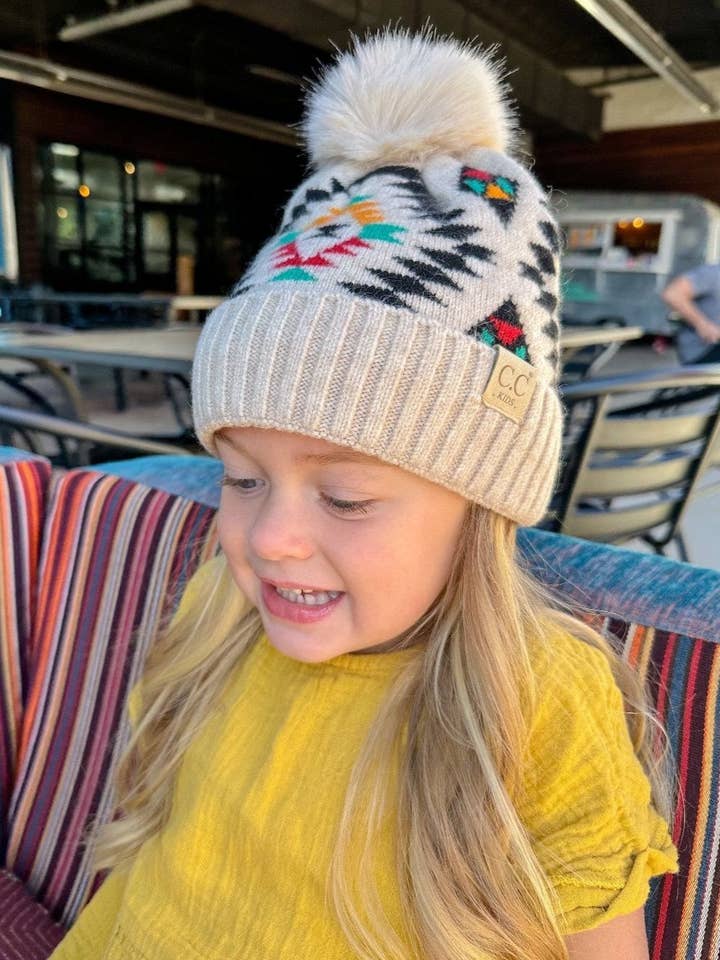 KIDS3001 Bonnet à pompon à motif aztèque pour enfants pour la vente par MiMi Wholesale