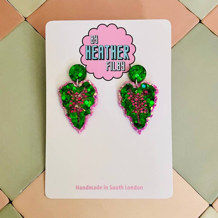 Chinese Evergreen Leaf Glitter Resin Earrings for wholesale by By Heather Filby