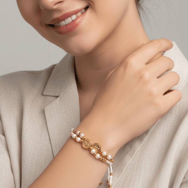 Guadalupe Gifts - Wholesale Beaded Bracelet - Gold-Plated St Benedict Fresh Water Pearls Bracelet 7.5”2