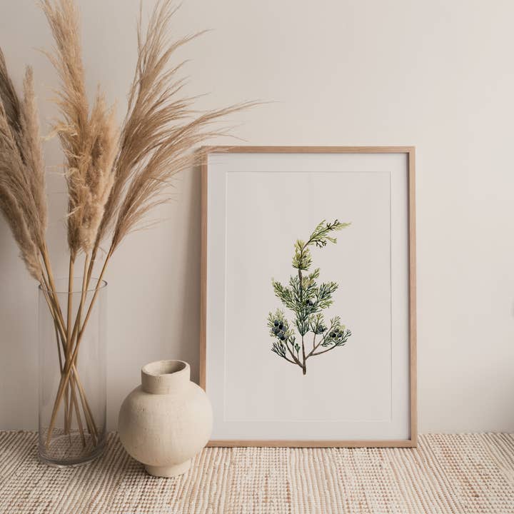 Impression d'art aquarelle sur le genévrier et les baies pour la vente par Farmcliff Studio
