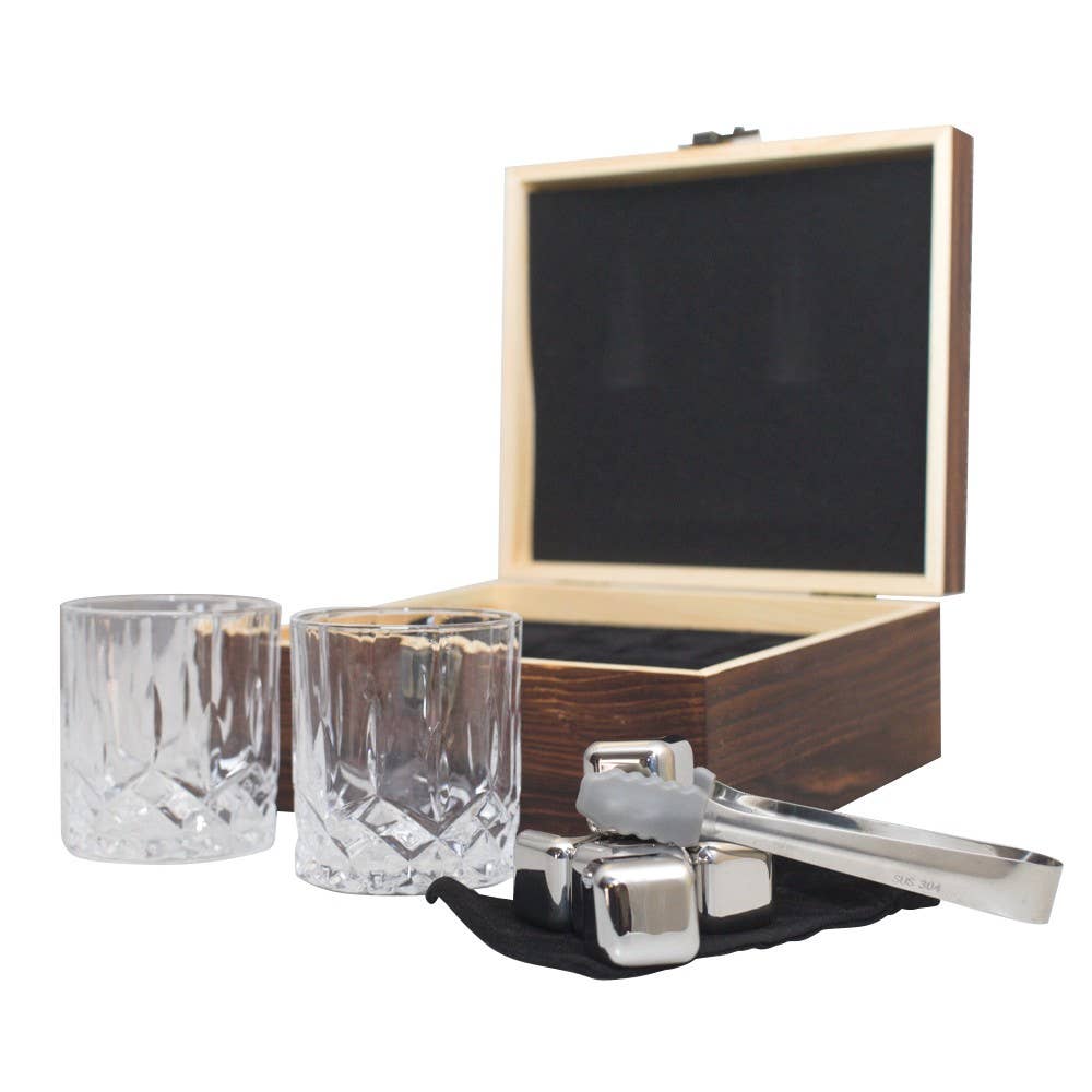 AULICA - Wholesale Cocktail/Liquor Glass - Wooden whisky box with 2 glasses, ice bag, and tongs1