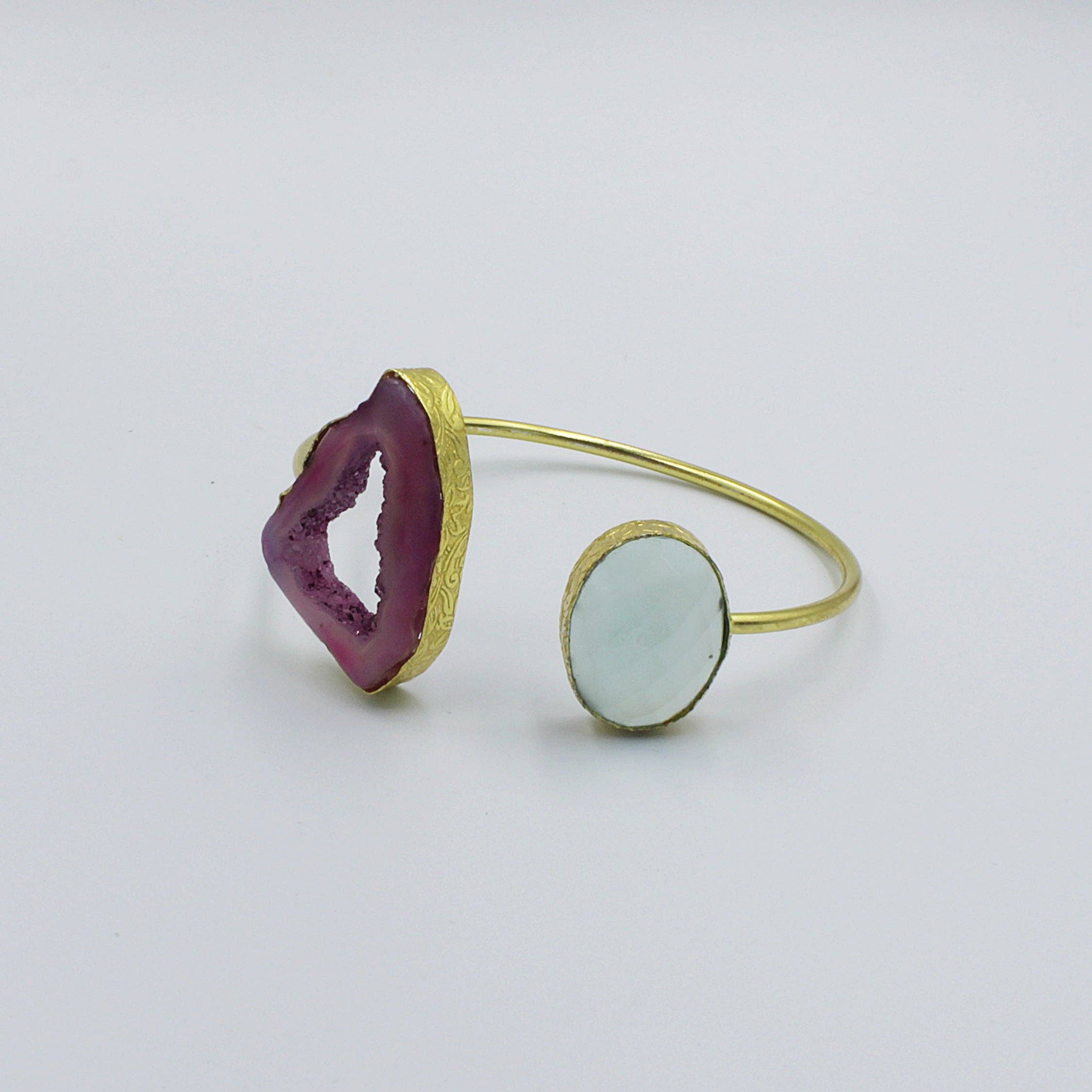 LA MAR - Wholesale Cuff Bracelet - Bracelet with 2 stones, pink and sky blue - chalcedony and agate quartz gold-plated3