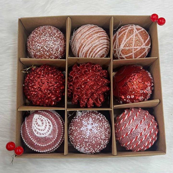 Pink Rose Gold & Red Embellished X-mas Ornaments | Set Of 9 for wholesale by Zwende