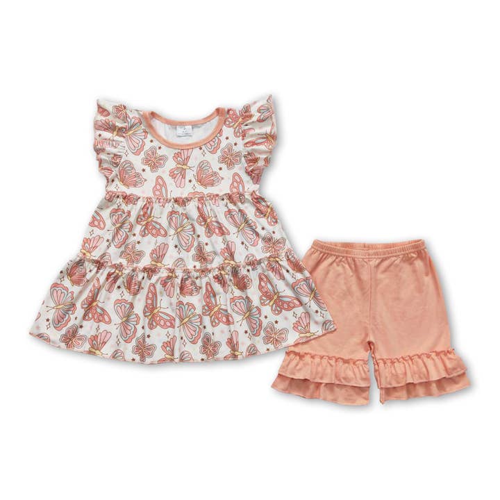 Butterfly tunic ruffle shorts girls summer outfits for wholesale by Yawoo Garments