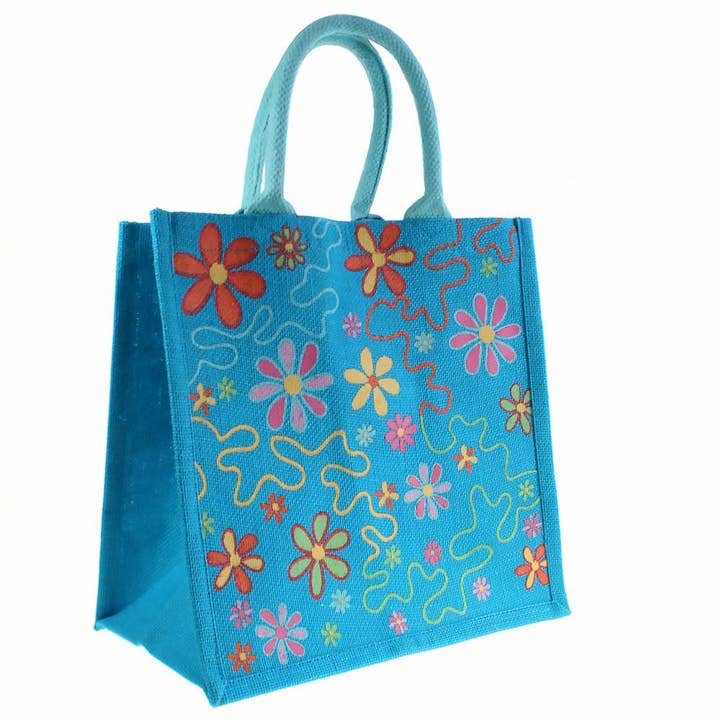 Bolsa de compras de yute, flores sobre azul 30x30cm para venta al por mayor de Shared Earth
