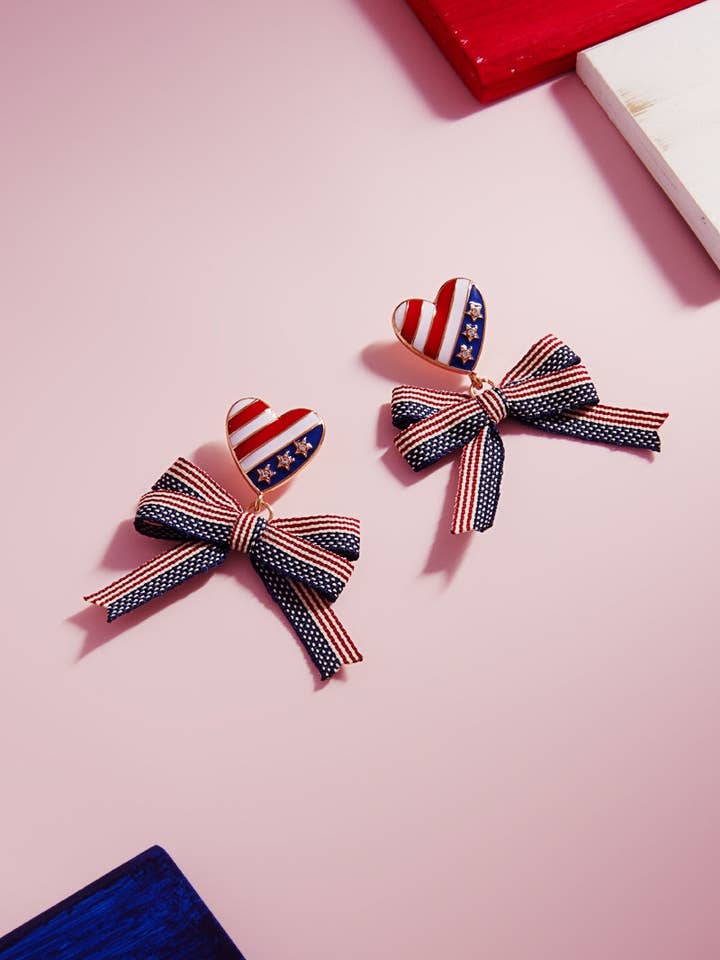 Ribbon American Flag Enameled Heart Post Earrings for wholesale by Designature New York