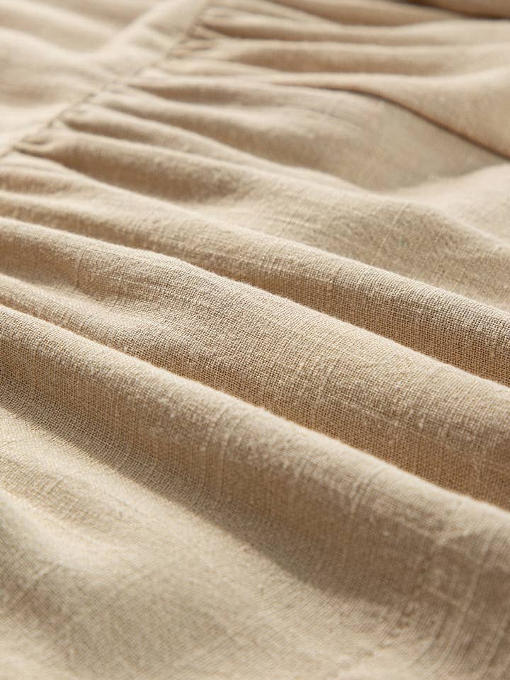 Tan Puff Sleeve Buttoned Tiered Pleated Shirt Mini Dress for wholesale on Faire11