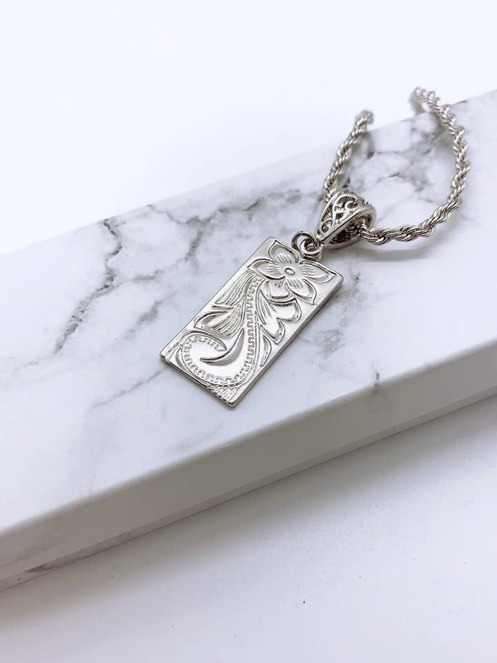 Hawaiian Plumeria Flower 16mm wide 31mm long Necklace with Chain : Hamilton Silver color for wholesale by Anela's Jewelry