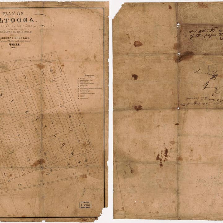 Relic Map Co. - Wholesale Map - Plan of Altoona, Tuckahoe Valley, Blair County, On the Line of the Pennsylvania Rail Road, at Base of Allegheny Mountain, Site of Principal Machine and Building Shops of Penna. R.R in 1874