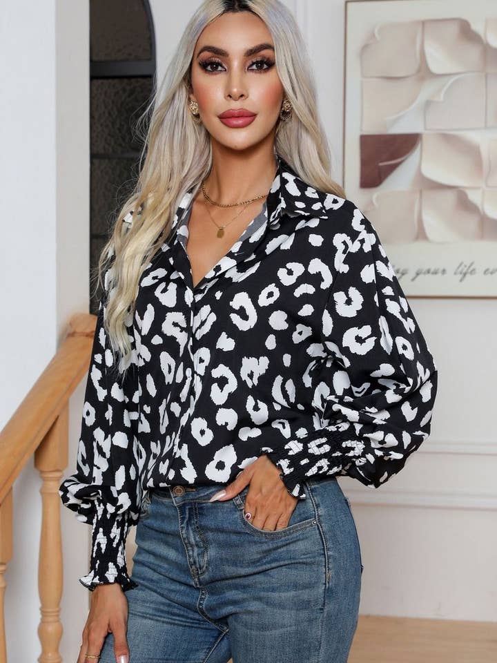 Black CWTBLL0701_Button Down Casual Long Sleeve Print Top for wholesale on Faire6