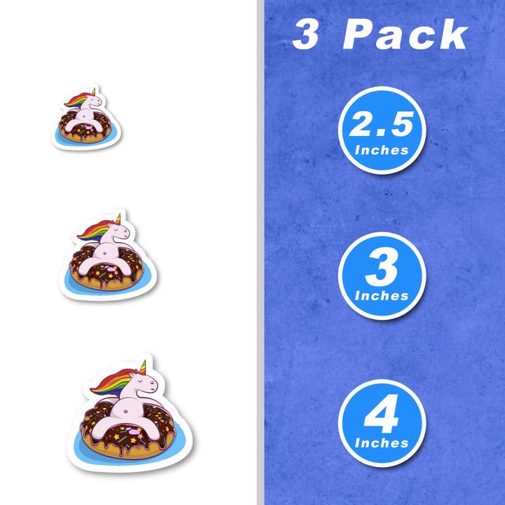 FunPopStickers – wholesale Klistermärke – Enhörning På En Donut Flytande Sommar Rolig 3-Pack - Set med 2,5, 3 och 4 tums vinylklistermärken för laptop - Sommar Rolig för laptop, telefon, vattenflaska, bil och mer dekal (3-Pack)