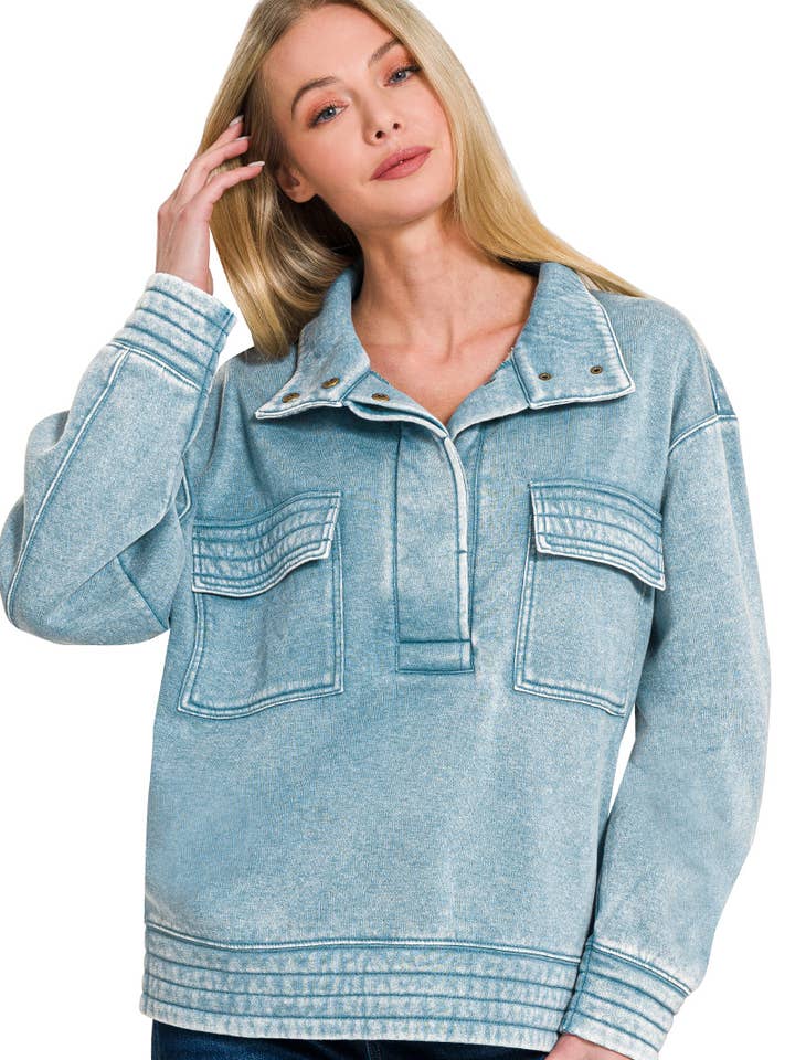 .SI-26973 Zuurgewassen fleecesweatshirt met halve drukknoop aan de voorkant voor wholesale door 42POPS