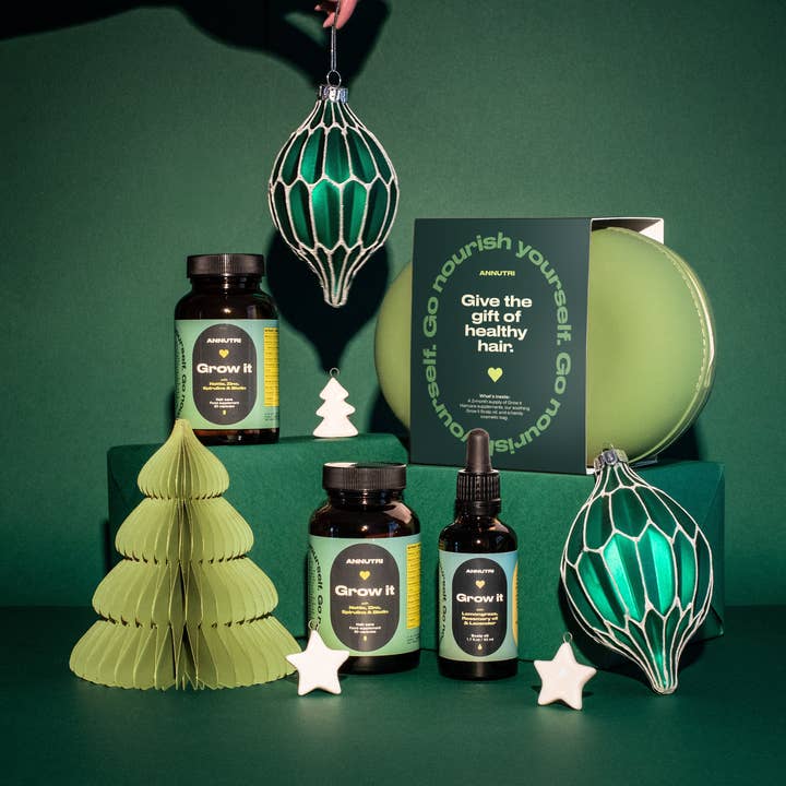 Coffret Cadeau Annutri Grow it - 2 × compléments Grow it + Huile pour le cuir chevelu + trousse de toilette premium pour la vente par Annutri